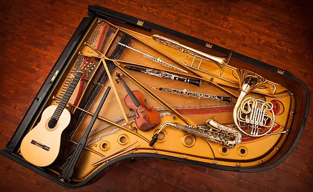 "Musical instruments collage - piano,guitar,violin,saxophone, horn,flute,trombone,clarinetMy other photo and video files on music and dance theme"