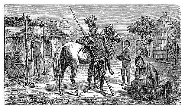 musgum szef, środkowa afryka (stare drewno grawerunek) - musgum tribal chief stock illustrations