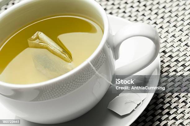 Green Tea And Teabag In White Cup And Saucer Stock Photo - Download Image Now - Chai, Cup, Drink