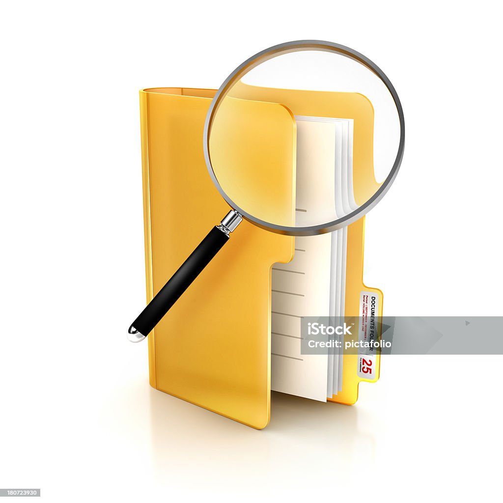 Glossy icon of search glass in folder and file Documents "Nice Glossy and shiny isolated 3D icon of yellow-orange vertical Folder full of paper Documents being searched with a glass magnifier, good for find or scan or research concepts.. Mix of hand Drawn and 3D rendered Artwork." Icon Symbol Stock Photo