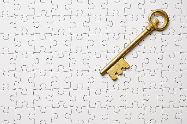 jigsaw puzzle bianco antico con chiave universale - business relationship skeleton key key puzzle foto e immagini stock