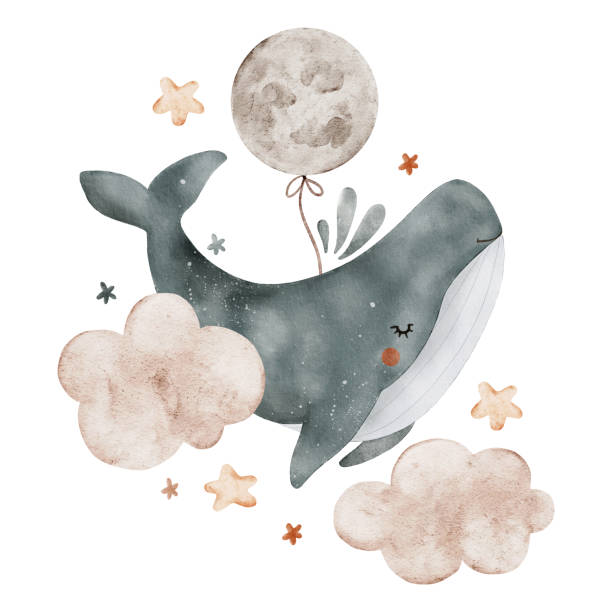Composition with a whale, clouds, stars and the moon. Watercolor cute children's illustration for prints, posters, clothes, postcards, baby shower Composition with a whale, clouds, stars and the moon. Watercolor cute children's illustration. Perfect for print, packaging, poster, clothes, postcards, baby shower, fabric, esoteric fantasy design whale tale stock illustrations