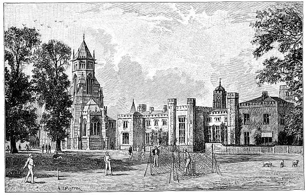 Rugby School "Vintage engraving of a group of people playing cricket in front of Rugby School, Rugby, Warwickshire, England , 19th century" state school stock illustrations