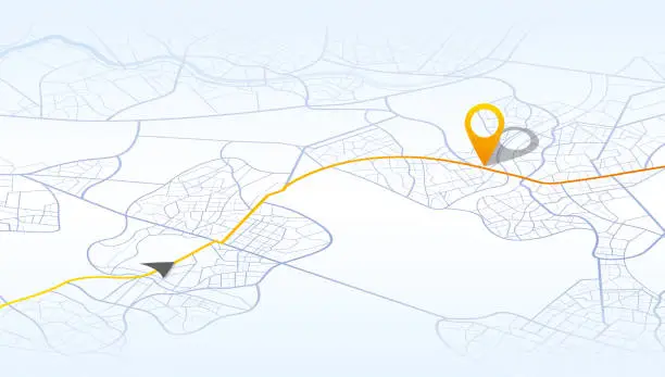 Vector illustration of Gps tracking map. Abstract isometric location tracks dashboard. Track navigation pins on street maps, navigate mapping, locate position pin. Futuristic travel map or location navigator vector