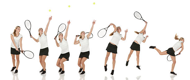 여러 개의 이미지를 테니스 선수 in action - tennis serving female playing 뉴스 사진 이미지