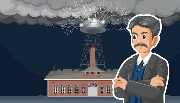 Vector illustration of Nikola Tesla's Magnifying Transmitter Experiment: A Vector Cartoon