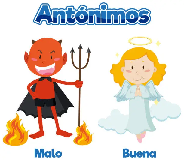 Vector illustration of Antonym Word Card: Malo and Buena means bad and good