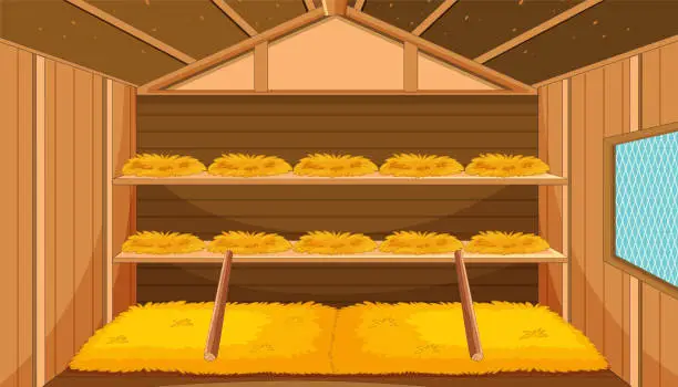 Vector illustration of Inside of a Chicken House: Hay and Straw for Egg Laying