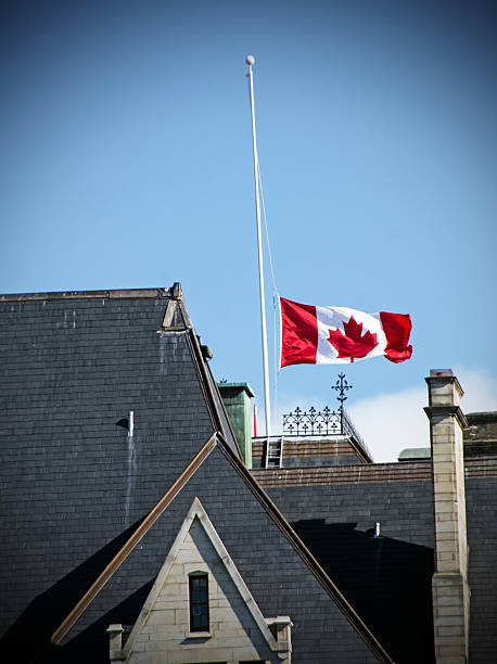 A Canadian Flag flying at half mast.