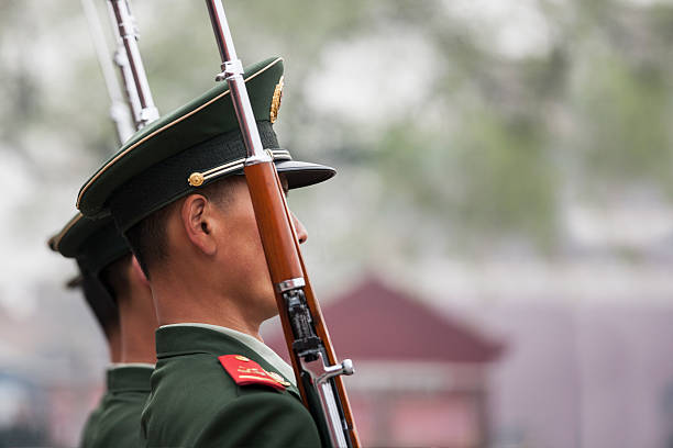 Chinese soldiers marching in Forbidden city,, Beijing,, China