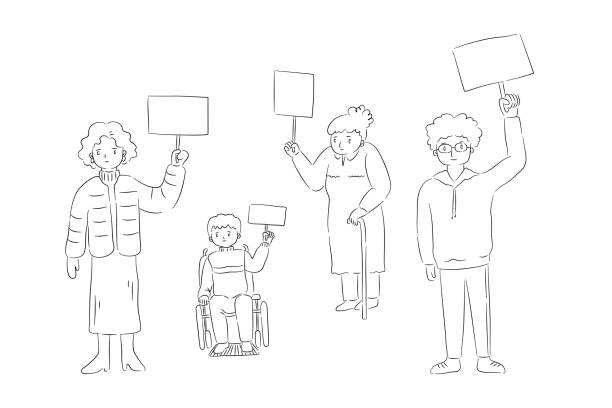 손으로 그린 다양 한 사람들의 스케치 벡터 잉크 윤곽선에서 빈 기호를 들고 있습니다. - wheelchair women outline holding hands stock illustrations