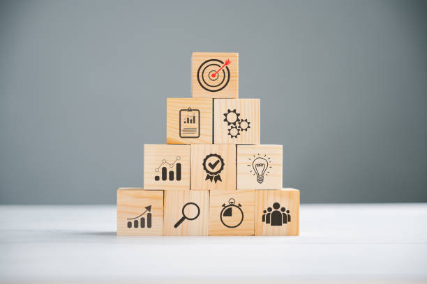 Wooden block cude step on table with Action Plan Wooden cube block step on a table with Action Plan, Goal, and Target icons. Success and business target concept. Project management and company strategy for professional growth. tracing stock pictures, royalty-free photos & images