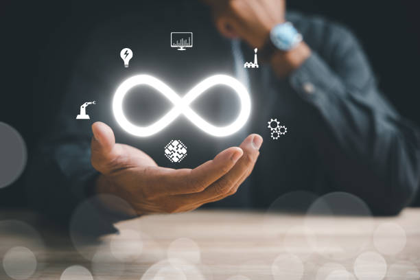 istock Circular infinity symbol in businessman's hand on dark background 1807261807