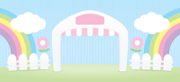 illustrazioni stock, clip art, cartoni animati e icone di tendenza di arco a forma di casa kawaii con tenda da sole - farm gate rural scene non urban scene