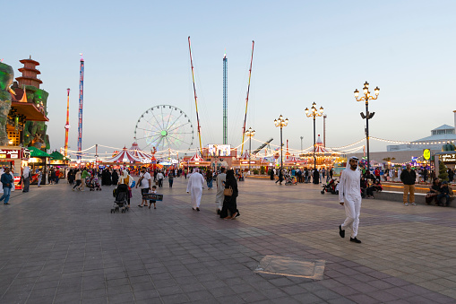 Dubai March 20th of 20219: Many people tourists walking in famous Global Village, Dubai