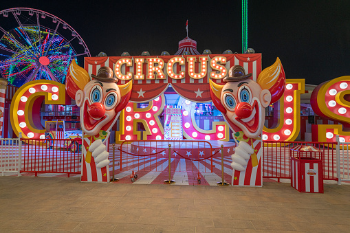 Dubai March 20th of 2019: Entrance to the amusement park and child circus at Global Village.