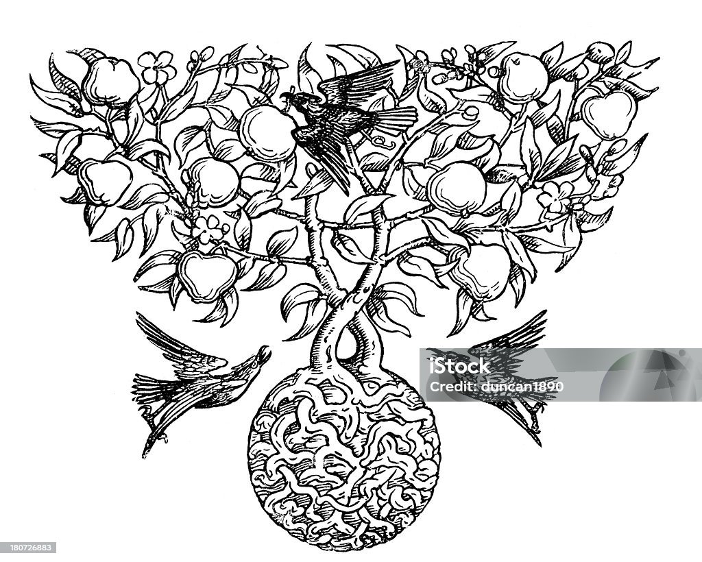Bird y diseño de árbol de manzana - Ilustración de stock de Anticuado libre de derechos