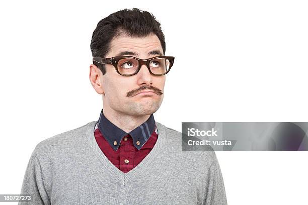 Man With Mustache Looking Up Stock Photo - Download Image Now - Adult, Adults Only, Analyzing