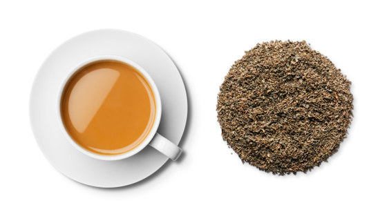Loose English Breakfast Tea and a cup and saucer of brewed English Breakfast Tea shot from above and isolated on a white background with a clipping path