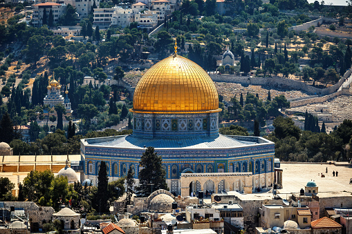 Aerial view of the famous Dome of the Rock on the Temple Mount in Old City of Jerusalem, Israel.