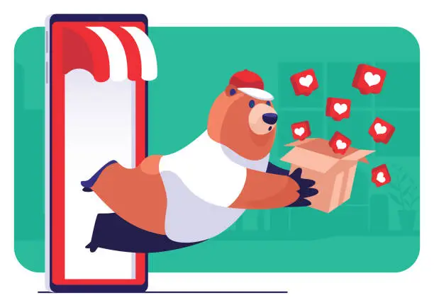 Vector illustration of courier bear carrying cartoon of like buttons but stumbling while leaving online store on smartphone
