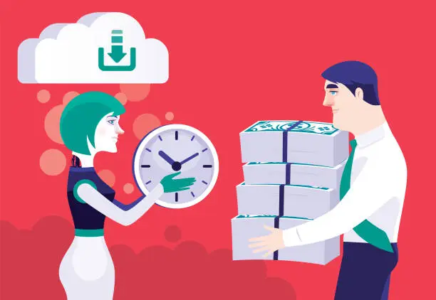 Vector illustration of businessman buying time from robot woman