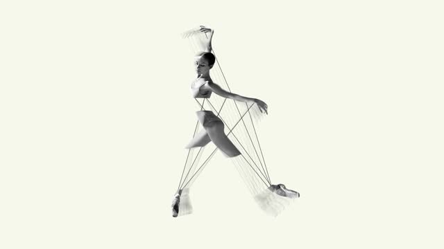 Stop motion, animation. Young girl, ballerina performing on beige background. Tender. Line art, geometric figures design.