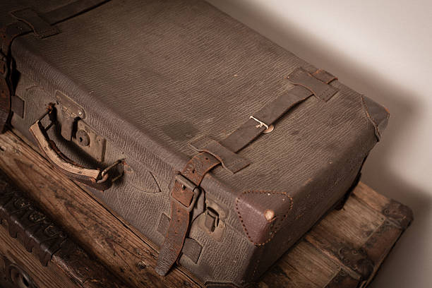 istock Retro Suitcase Sitting on Wood Trunk 180732382