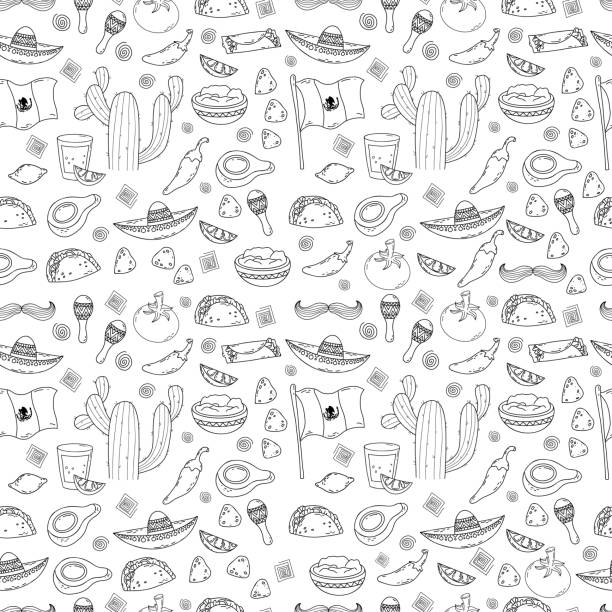 mexikanisches nahtloses muster im handgezeichneten linearen doodle-stil. vektorillustration auf weißem hintergrund. - mexikanische küche stock-grafiken, -clipart, -cartoons und -symbole