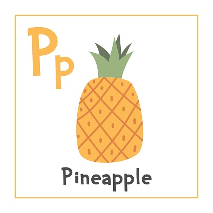 Pineapple clipart. Pineapple vector illustration cartoon flat style. Fruits start with letter P. Fruit alphabet card. Learning letter P card. Kids education. Cute pineapple vector design