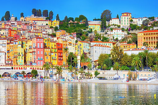 The colorful houses in the mediaeval town of Menton on french Riviera, France