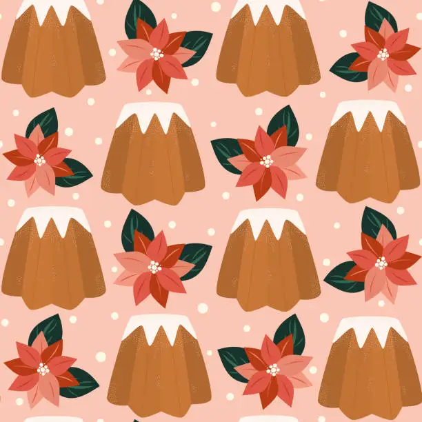 Vector illustration of hand drawn Pandoro traditional italian Christmas cake seamless vector pattern background illustration with poinsettia flowers