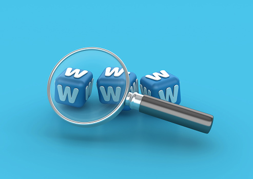WWW Buzzword Cubes with Magnifying Glass - Color Background - 3D Rendering