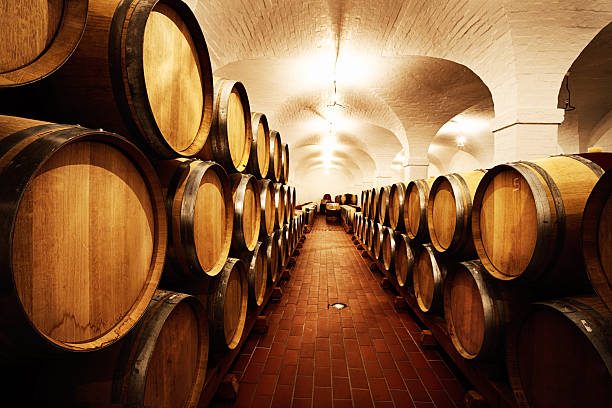 istock Looking down the aisle in a church-like wine cellar 180734335