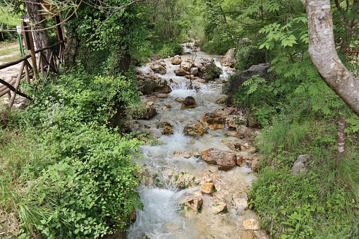Senerchia, Campania, Italy – June 24, 2023: Acquabianca waterfall nature trail in the Valle della Caccia WWF Oasis