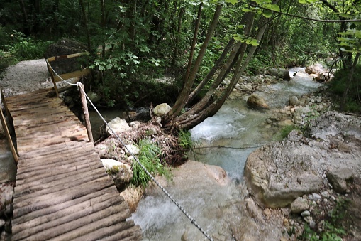 Senerchia, Campania, Italy – June 24, 2023: Acquabianca waterfall nature trail in the Valle della Caccia WWF Oasis