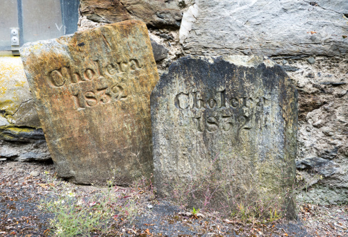 Two gravestones identifying victims of a Cholera disease outbreak which took place on the Isle of Man in 1832. The grave stones are located in Braddan old church on the Isle of Man.