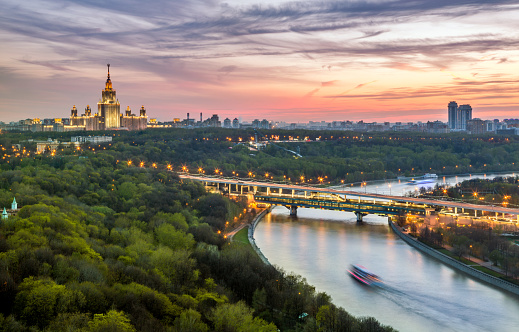 Spring landscape of the Moscow overlooking the Moskva River at dusk, Russia. View from the Russian Academy of Sciences headquarters building