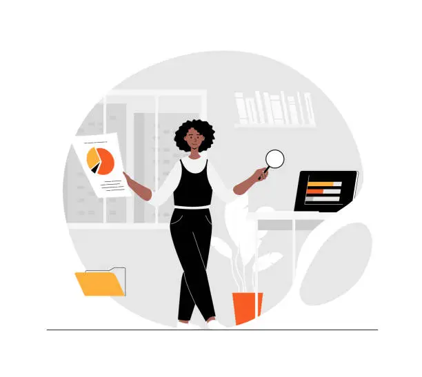 Vector illustration of Online marketing, data analysis concept. Woman works with documents, graphs and charts in the office. Illustration with people scene in flat design for website and mobile development.