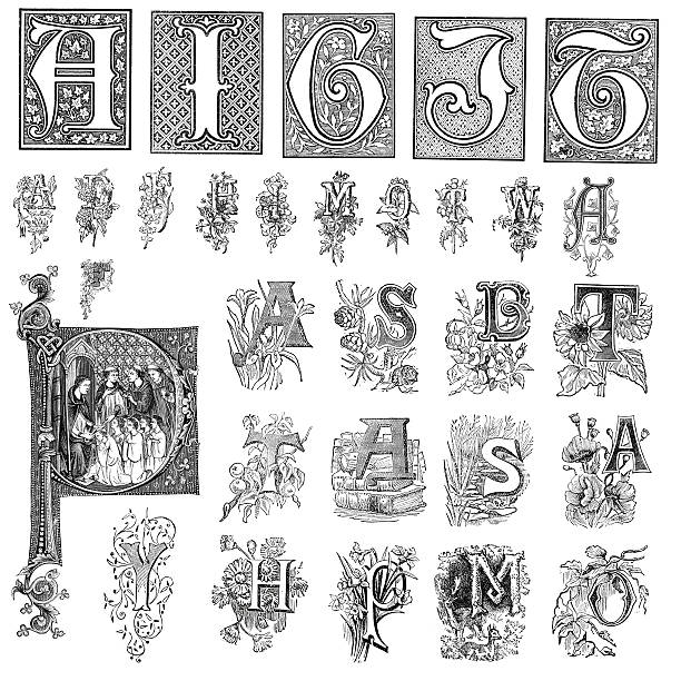 기타 복고풍 빈티지 편지들이 - letter p letter a typescript ornate stock illustrations