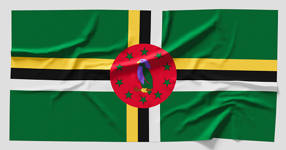 Flag of Dominica. Fabric textured Dominica flag isolated on white background. 3D illustration
