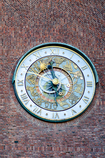 Oslo, Norway, Radhuset (town hall): Close-up of the clock of Oslo City Hall