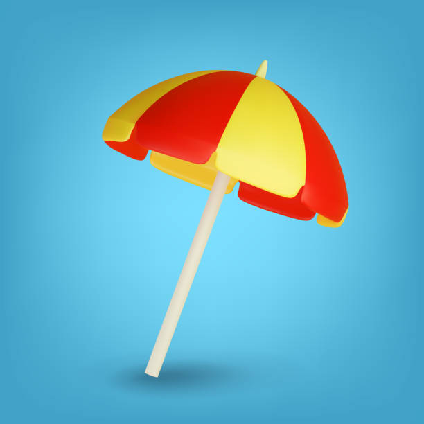 istock 3d vector striped yellow and red umbrella. Illustration icon of sun umbrella for sunbathing on the beach. 1807365255