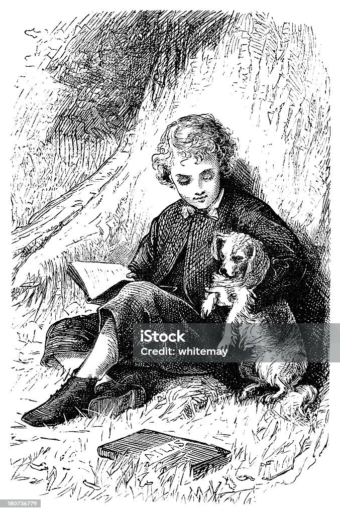 Victorian rapaz com livros e um cão Escola - Royalty-free Trabalho de Casa Ilustração de stock