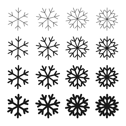 A set of simple snowflakes in different variations. Flat snowflakes icons isolated on white background. Elements for the design of banners and cards.