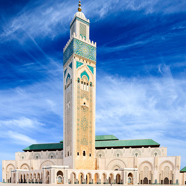 scenic view of Hassan II Mosque against blue sky - The Hassan II Mosque or Grande MosquÃ©e Hassan II is a mosque in Casablanca, Morocco.