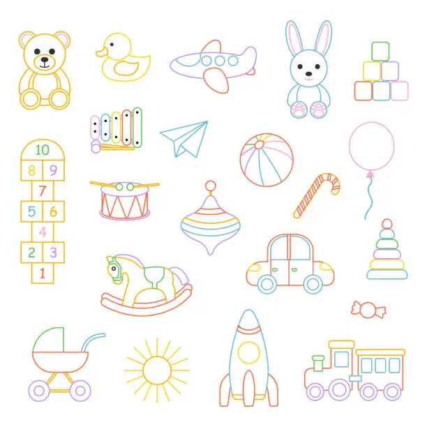 Vector illustration of Set children, kindergarten vector doodle. Cute daycare hand drawn elements. Vector illustration