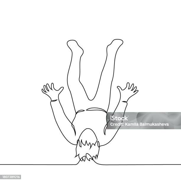 Full Length Man Falls Backwards 하나의 선 아트 벡터 자유 낙하 개념 땅을 잃다 스케치에 대한 스톡 ...