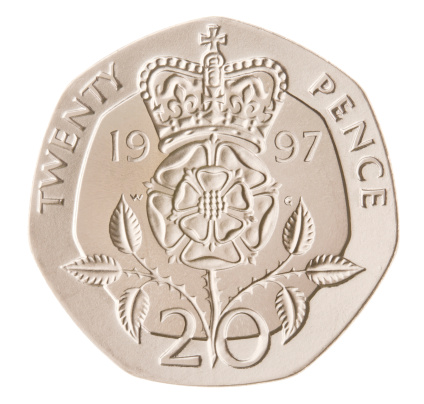 British twenty pence coin featuring the traditional crowned Tudor rose design. The image faithfully reproduces the correct silver colour of the coin. Includes clipping path.