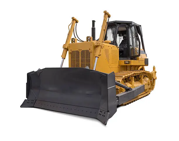 "New and yellow bulldozer, isolated on white background."